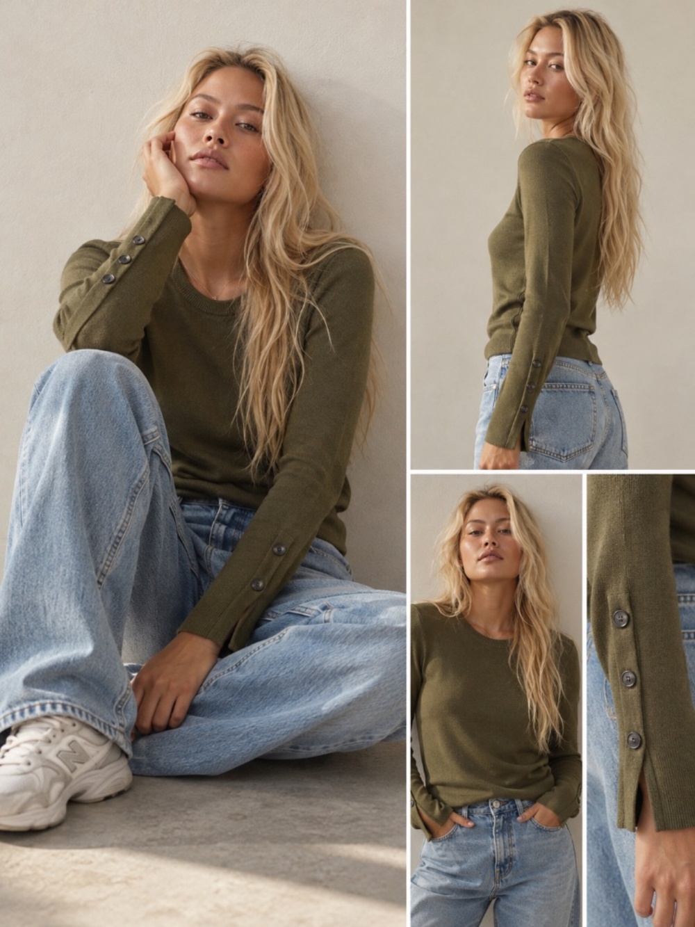 LOFT Olive Green 100% Cotton Button Cuff Sweater XS